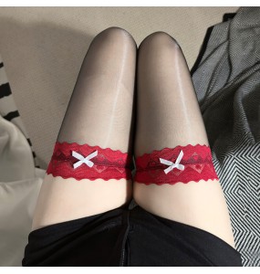 FEE ET MOI - Lace Butterfly Silky Gloss Thigh Highs Stocking (Black - Red)